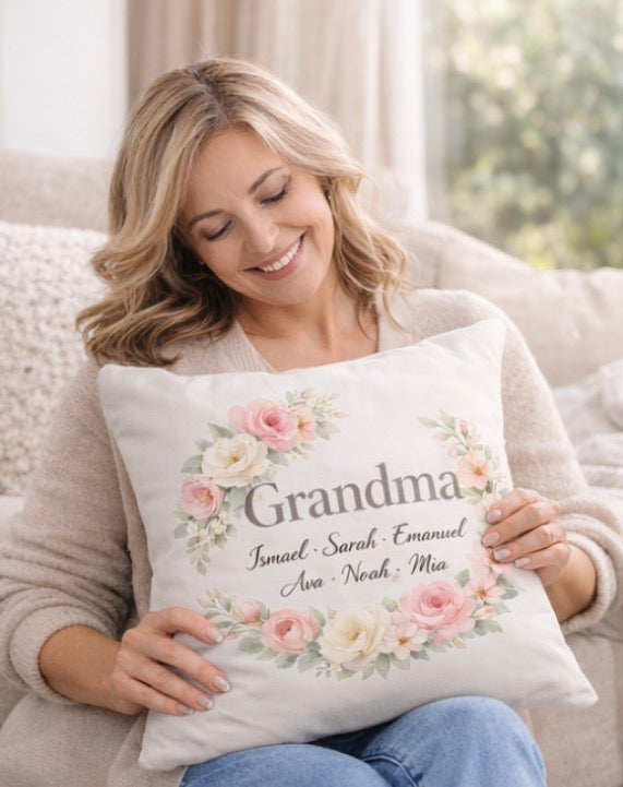 Grandma Floral Wreath Personalized Pillow — Custom Names Square Throw Pillow