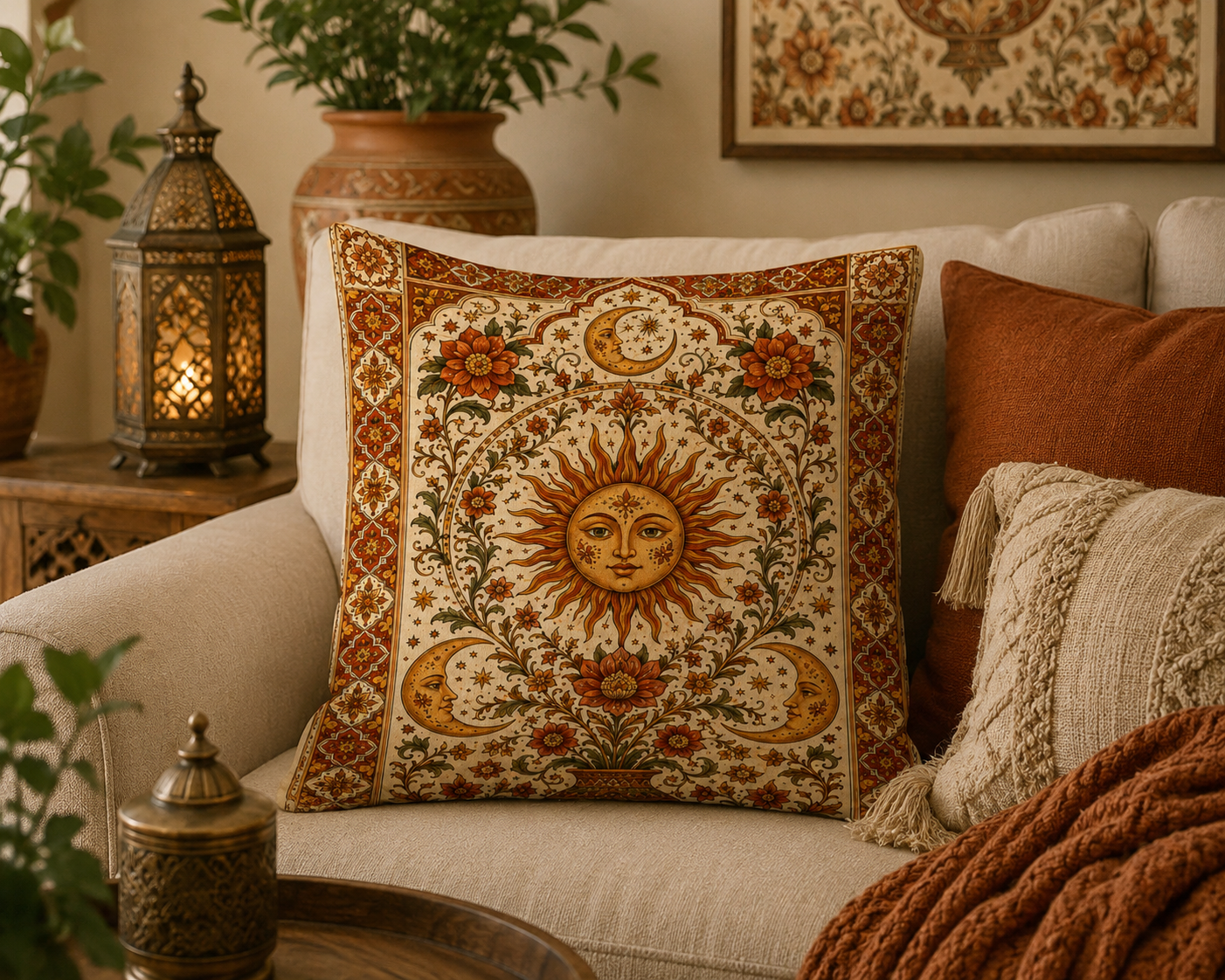Boho Sun & Moon Faux Suede Pillow  Vintage Celestial Decorative Throw Pillow
